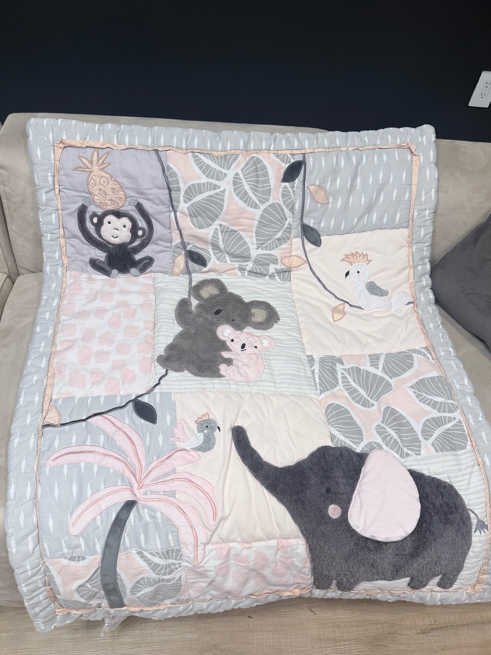 Plush Elephant & Jungle Patchwork Baby Quilt - Pink and Gray